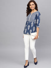 Load image into Gallery viewer, Queen ellie Women Navy Blue &amp; Off-White Printed A-line Kurti
