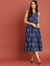 Load image into Gallery viewer, Queen ellie Women Blue Indigo Hand Block Print A-Line Dress with Gathers Detail
