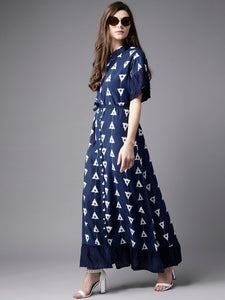 Queen ellie Women Navy Blue & White Printed Maxi Shirt Dress