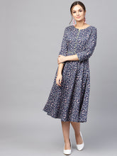 Load image into Gallery viewer, Queen ellie Women Navy Blue &amp; Pink Printed Fit and Flare Dress
