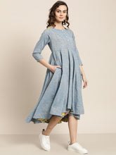 Load image into Gallery viewer, Queen ellie Women Blue Self Design Yarn Dyed Flared A-Line Dress
