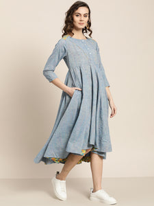 Queen ellie Women Blue Self Design Yarn Dyed Flared A-Line Dress