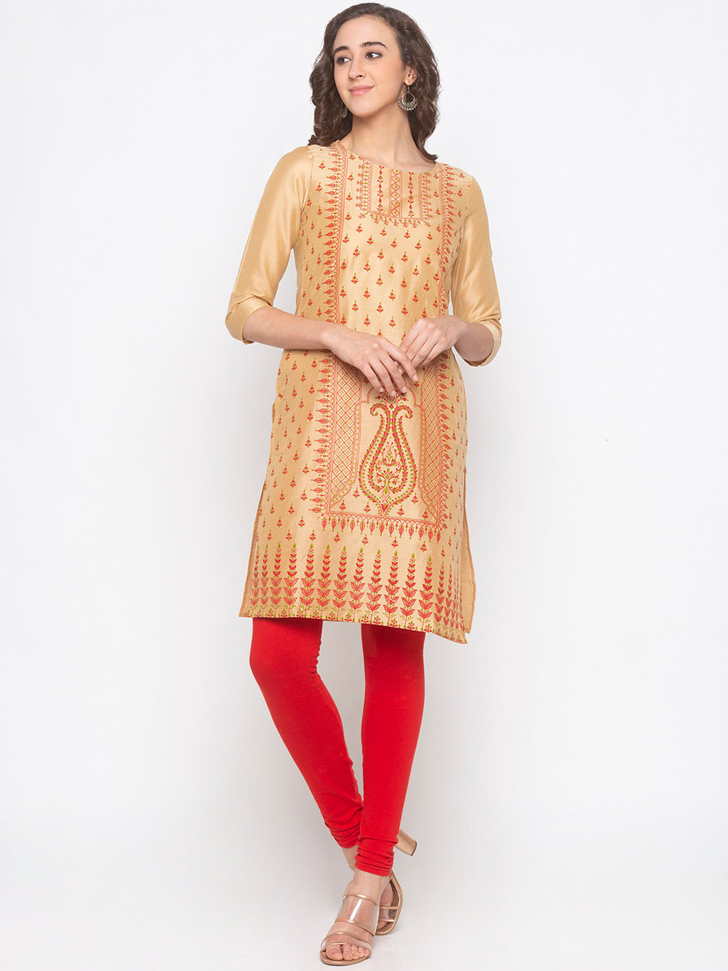 Queen ellie Women Beige & Orange Printed Kurti