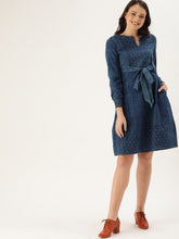 Load image into Gallery viewer, Queen ellie Women Blue Indigo Hand Block Print A-Line Dress with Tie-Up Detail &amp; Cuffed Sleeves
