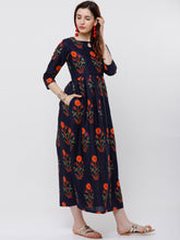 Load image into Gallery viewer, Queen ellie Women Navy Blue Floral Printed Ethnic Maxi Dress
