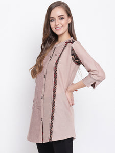 Queen ellie Women Beige Embroidered A-Line Kurti