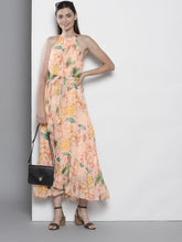 Load image into Gallery viewer, Queen ellie Women Peach-Coloured &amp; Green Tropical Printed Maxi Dress
