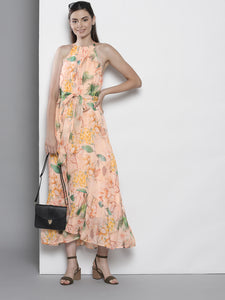 Queen ellie Women Peach-Coloured & Green Tropical Printed Maxi Dress