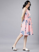 Load image into Gallery viewer, Queen ellie Women Pink &amp; Blue Floral Print Fit and Flare Dress
