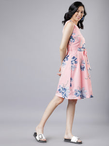 Queen ellie Women Pink & Blue Floral Print Fit and Flare Dress