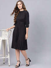 Load image into Gallery viewer, Queen ellie Women Black Solid Accordian Pleats A-Line Dress
