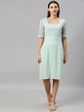 Load image into Gallery viewer, Queen ellie Women Green Solid A-Line Dress With Lace Inserts
