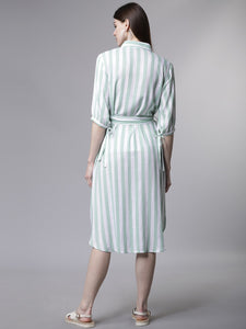 Queen ellie Women Green & White Striped Shirt Dress