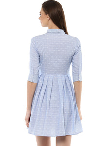 Queen ellie Women Blue Self-Striped Pleated Shirt Dress