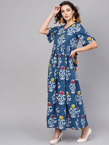 Queen ellie Women Blue & White Printed Maxi Dress