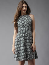 Load image into Gallery viewer, Queen ellie Women Black &amp; Off-White Printed Fit &amp; Flare Dress
