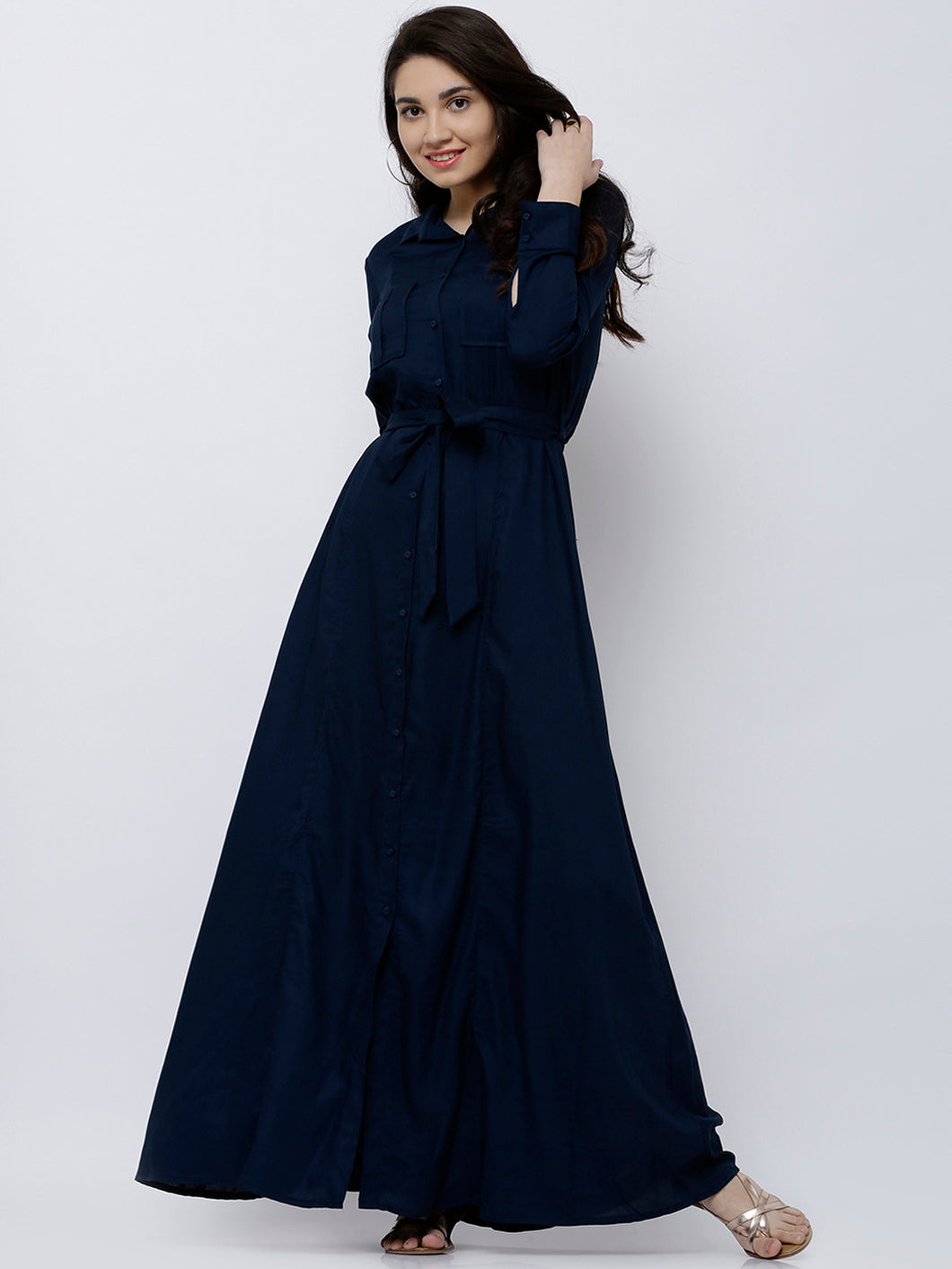 Queen ellie Women Navy Blue Solid Maxi Dress