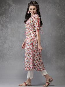 Queen Ellie Women White & Red Printed Straight Kurta