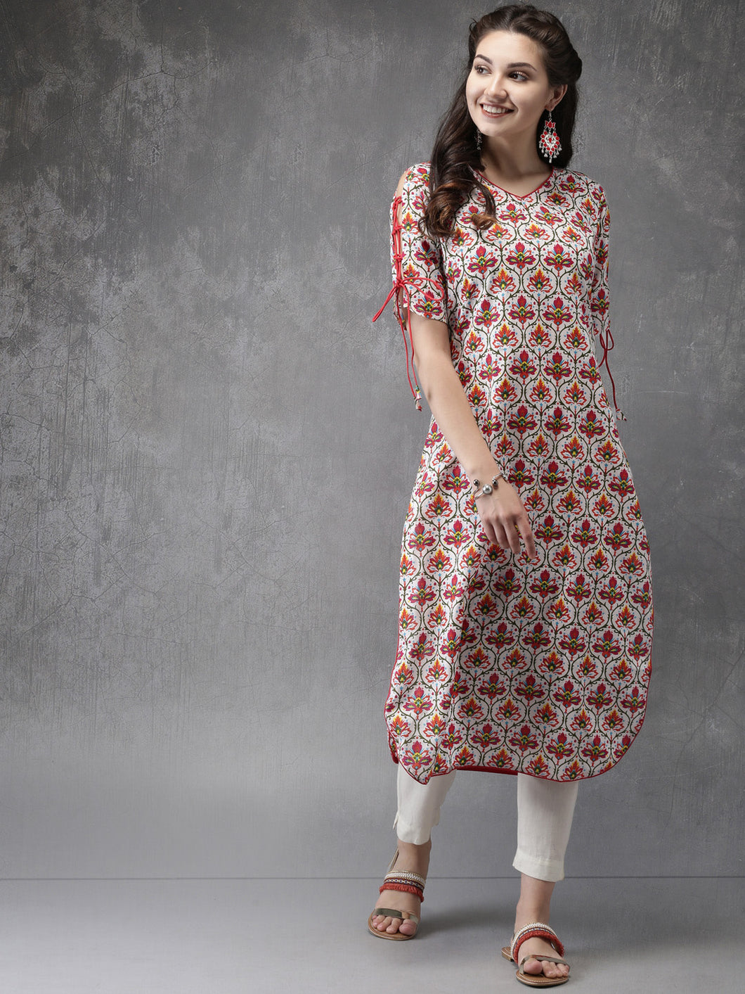 Queen Ellie Women White & Red Printed Straight Kurta