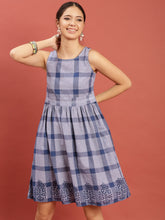 Load image into Gallery viewer, Queen ellie Women Blue &amp; White Hand Block Print Legacy A-Line Dress with Gathers
