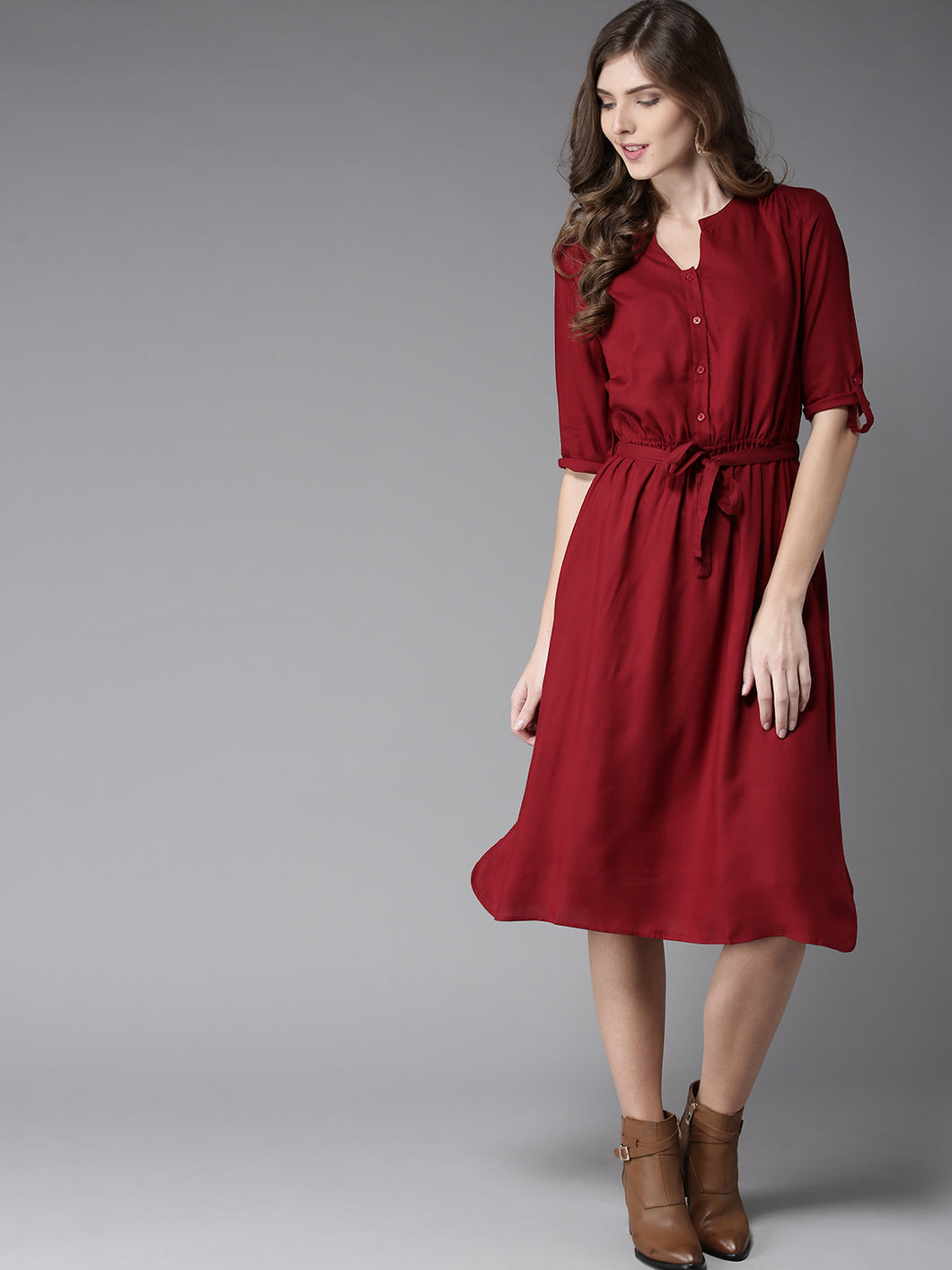 Queen ellie Women Maroon Solid Midi A-Line Dress