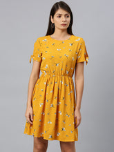 Load image into Gallery viewer, Queen ellie Women Mustard Yellow &amp; White Floral Print Fit &amp; Flare Dress With Tie-Up Sleeves
