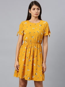 Queen ellie Women Mustard Yellow & White Floral Print Fit & Flare Dress With Tie-Up Sleeves