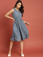 Load image into Gallery viewer, Queen ellie Women Blue Indigo Hand Block Print A-Line Dress with Layered Hem
