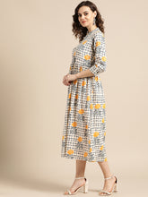 Load image into Gallery viewer, Queen ellie Women Beige &amp; Navy Blue Printed A-Line Dress
