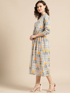 Queen ellie Women Beige & Navy Blue Printed A-Line Dress