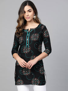 Queen ellie Women Black & Blue Printed Straight Kurti