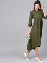 Load image into Gallery viewer, Queen ellie Women Olive Green Solid A-Line Dress
