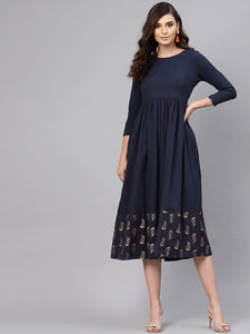 Queen ellie Women Navy Blue Solid A-Line Dress