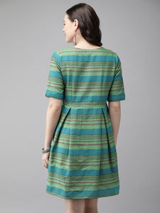 Queen ellie Women Green & Blue Striped A-Line Dress