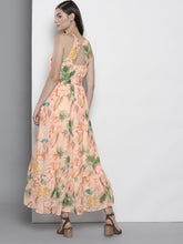 Load image into Gallery viewer, Queen ellie Women Peach-Coloured &amp; Green Tropical Printed Maxi Dress
