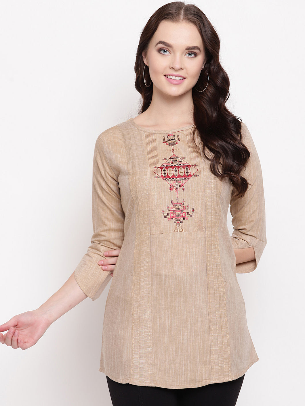 Queen ellie Women Brown Solid A-Line Kurti