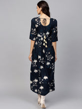 Load image into Gallery viewer, Queen ellie Women Navy Blue &amp; Golden Floral Print Maxi Dress
