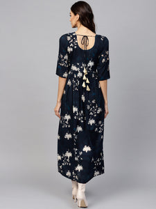 Queen ellie Women Navy Blue & Golden Floral Print Maxi Dress