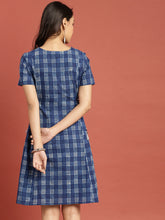 Load image into Gallery viewer, Queen ellie Women Blue &amp; White Indigo Hand Block Print A-Line Dress with Tie-Up Detail
