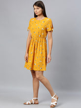 Load image into Gallery viewer, Queen ellie Women Mustard Yellow &amp; White Floral Print Fit &amp; Flare Dress With Tie-Up Sleeves
