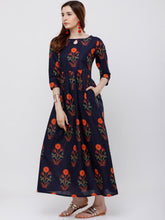 Load image into Gallery viewer, Queen ellie Women Navy Blue Floral Printed Ethnic Maxi Dress
