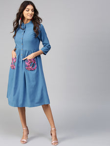 Queen ellie Women Blue Solid A-Line Dress