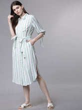 Load image into Gallery viewer, Queen ellie Women Green &amp; White Striped Shirt Dress
