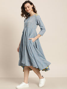 Queen ellie Women Blue Self Design Yarn Dyed Flared A-Line Dress