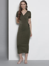 Load image into Gallery viewer, Queen ellie Women Olive Green Solid Wrap Dress
