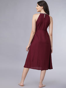 Queen ellie Women Maroon Embroidered A-Line Dress