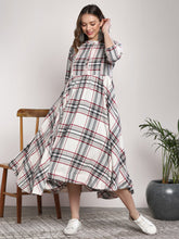 Load image into Gallery viewer, Queen ellie Women Off-White &amp; Black Checked Midi A-Line Dress
