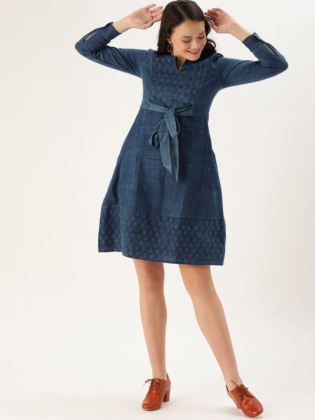 Queen ellie Women Blue Indigo Hand Block Print A-Line Dress with Tie-Up Detail & Cuffed Sleeves