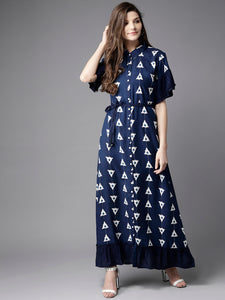 Queen ellie Women Navy Blue & White Printed Maxi Shirt Dress