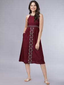 Queen ellie Women Maroon Embroidered A-Line Dress